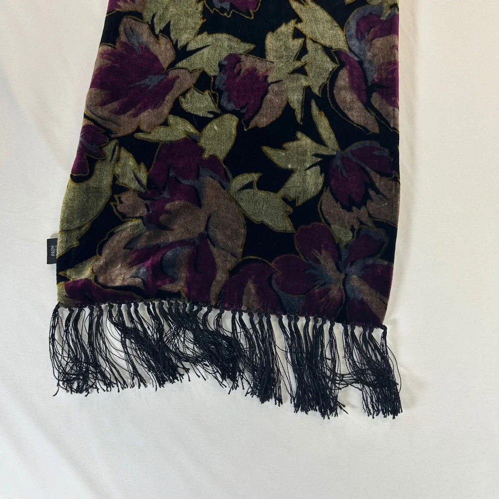 Vintage Whimsigoth Dark Academia Floral Scarf OS Silk Velvet Fringe Purple Green
